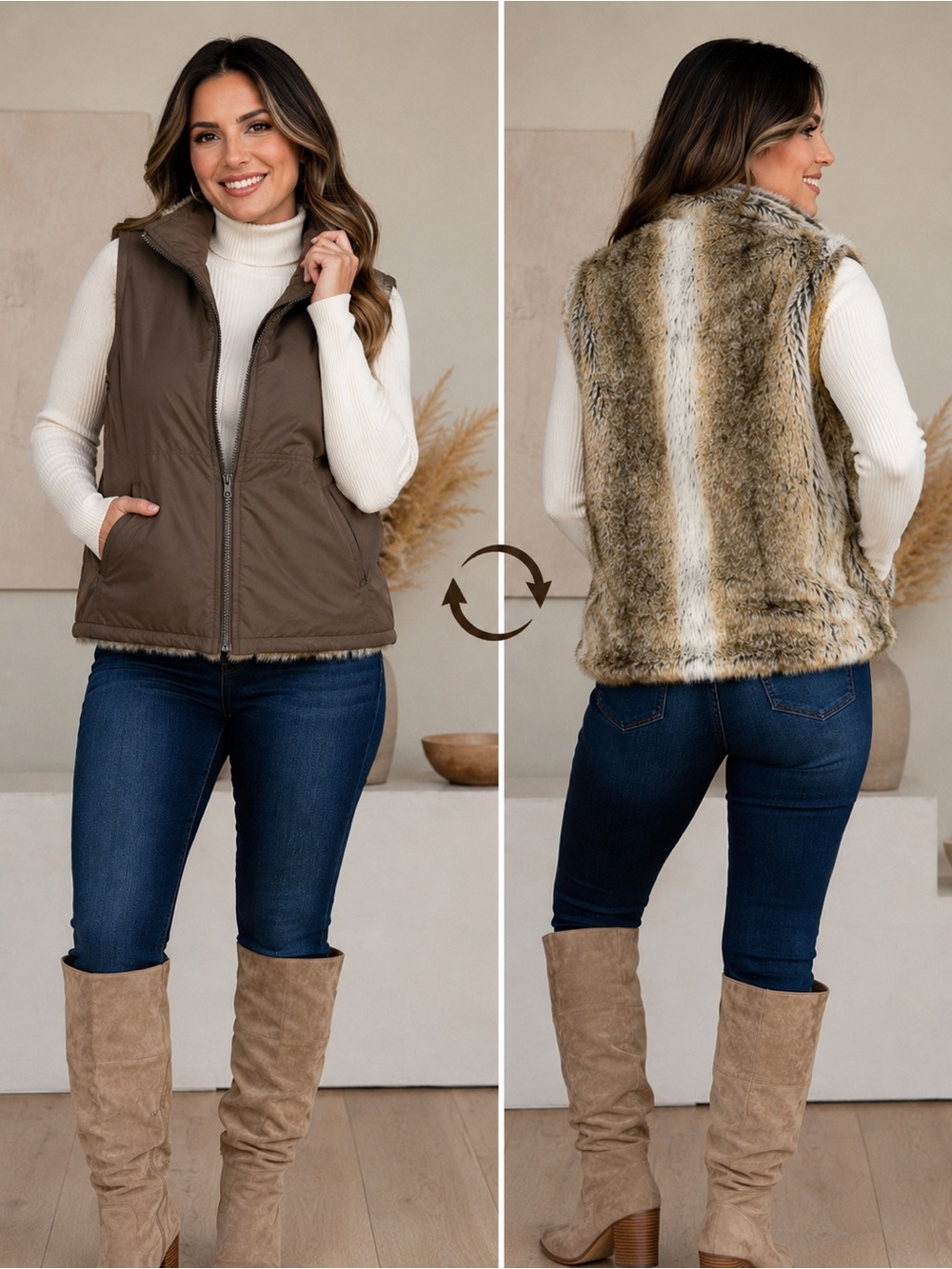 Weatherproof Reversible Faux Fur Vest Brown Beige Size M